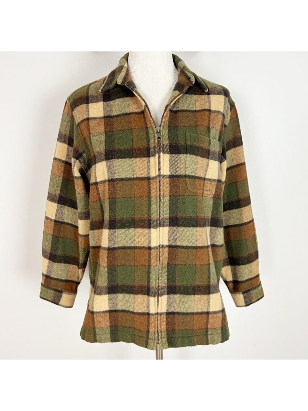 Vtg Plaid Shirt Jacket Shacket Fall Wool Blend Leather Patches Size Large Women'